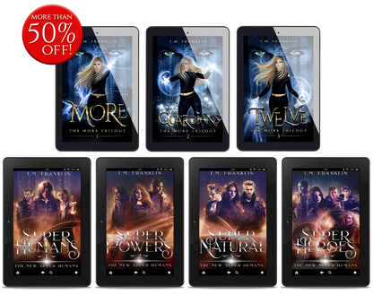 Collection of book covers for a series by T.M. Franklin with promotional text overlay.